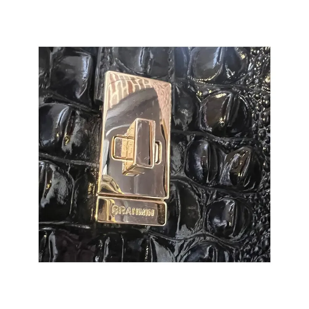 Brahmin Mallory Black Melborne Satchel With Gold Clasp Zipper Pocket EUC